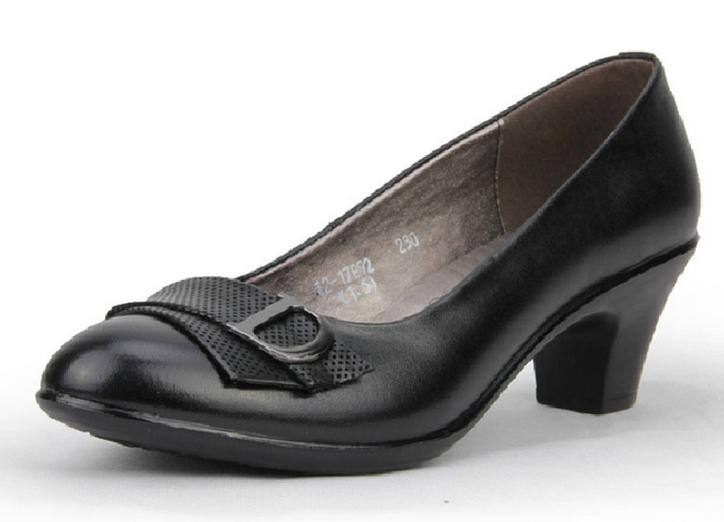 歐美春中跟商務女鞋淺口真皮休閑媽媽鞋舒適工作鞋